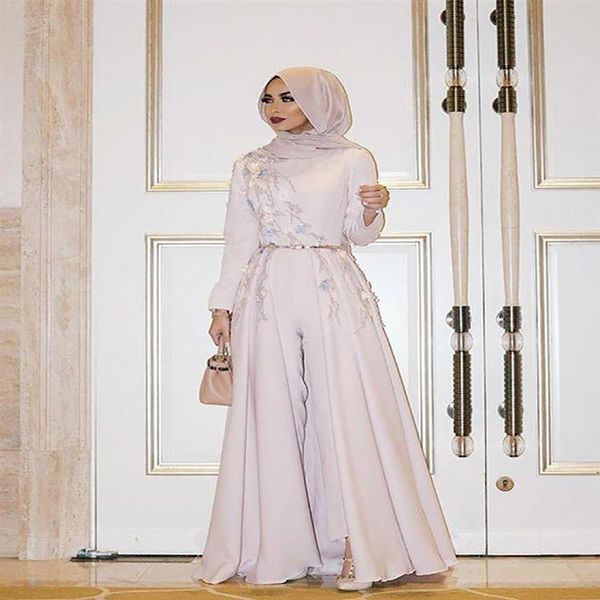 Ivoire à manches longues robe de soirée musulmane broderie robe de soirée islamique dubaï Hijab robes de soirée tailleur-pantalon formelle robe de bal271S