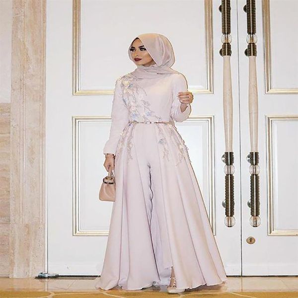 Ivoire à manches longues robe de soirée musulmane broderie robe de soirée islamique dubaï Hijab robes de soirée tailleur-pantalon formelle robe de bal204W