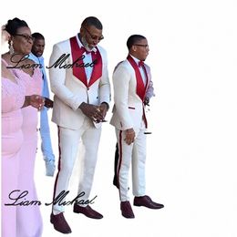 Marfil boda de los hombres esmoquin chaqueta jacquard chaleco pantalones 3 piezas conjunto elegante traje de los hombres fiesta formal Dr personalizado XS-5XL u0pj #