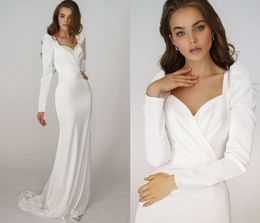 Ivoire Sirène Satin Robe De Mariée Chérie Manches Longues Robe De Mariée Simple Dos Nu Mariées Robes Robe De Novia