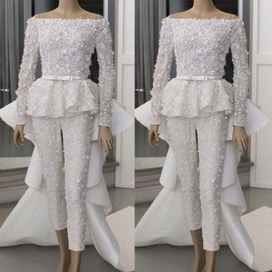 Ivoor zeemeermin trouwjurk met afneembare trein off-schouder lange mouw Birdal jurken 3D bloemen appliques jurken vestidos de novia