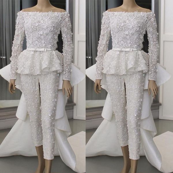 Robe de mariée sirène ivoire avec train détachable sur l'épaule à manches longues robes Birdal 3D fleurs appliques robes robes de novia