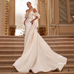 Robe de mariée sirène ivoire drapée, épaules dénudées, perles en Satin, pour femmes, 2023 326 326