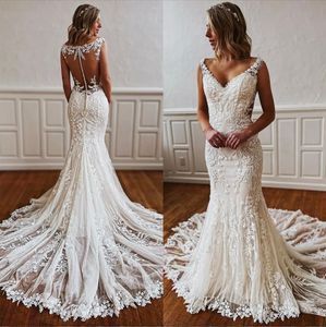 Vestidos de novia de sirena de marfil, vestidos de novia con apliques de encaje, cuello en V, transparentes, botones cubiertos, cola de barrido en la espalda, bata de mariee