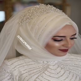Marfil Muslim Bridal Veils 2018 Beading Pearls Tul Tul Wedding Hijab para Arabia Saudita Brides Code a medida Velo nupcial 280R