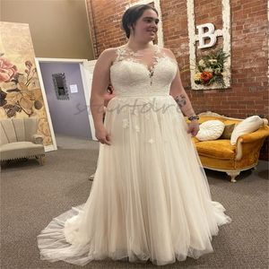 Ivoor Grote maten Boho Trouwjurk O-hals Mouwloos Tot de grond Tule Bruidsjurk Tuin Elegant Vestios Novias Boheemse Bruidsjurk 2024 Griekenland Robe De Mariage