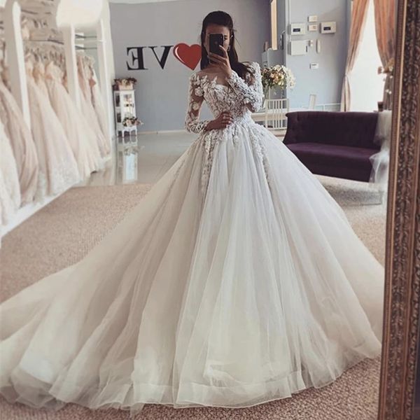 Princesa de marfil Una línea Vestidos de novia Mangas largas Vestido de novia Apliques Encaje Floral Con cuentas Ilusión Botones de tul Vestidos de novia en la espalda 2022 Primavera Otoño