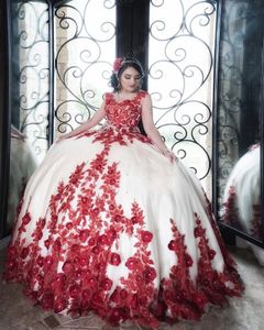 Robes de quinceanera ivory avec des fleurs rouges 3D Sweetheart Tulle Ball Robe Sweet 16 Robe Vestidos de 15 AOS