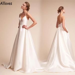 Vestidos de novia de satén marfil con bolsillos, elegantes tirantes finos de jardín bohemio, vestidos de novia sencillos, tren de barrido, espalda abierta, batas de Mariee, moda moderna CL1184