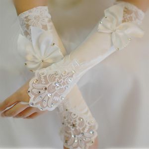 Guantes de novia de satén marfil, cuentas de encaje, vestido largo sin dedos barato para mujer, guante con lazo, accesorios de boda rápidos 263t