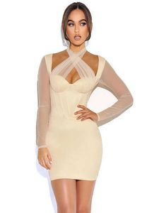 Vestido coset de manga larga de malla de satén marfil elegante Tull Criss Cross Halter Slim Bodycon Club Celebrity Wedding Party Wear