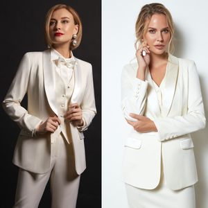 Ivoor Satijn Dames Blazer Suits Slim Fit Street Power Leisure Avond Party Jacket Outfit Wedding Wear 3 Pieces