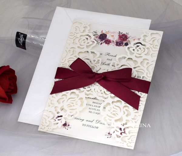 Invitation découpée au laser rose brillante ivoire pour invitation de mariage avec impression de fleurs pliées avec ruban invitations de remise des diplômes9300519