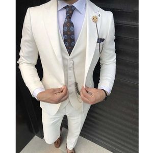 Ivoor Slim Fit Mannen Pakken Voor Bruiloft 3 Stuk Mannelijke Set Jacket Vest met Broek Piekte Revers Bruidegom Kostuum Nieuwe Collectie X0909