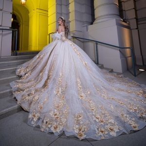 Ivoire chérie princesse Quinceanera robes épaules dénudées or Appliques 3DFlower Corset robe De bal doux 16 robes De 15