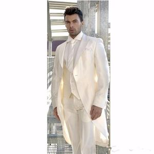 Ivory Tailcoat Bruidegom Tuxedos Ochtendstijl Mannen Bruiloftslijtage Hoge Kwaliteit Formele Prom Party Suit Personaliseer (Jas + Pants + Vest) Herenpakken B