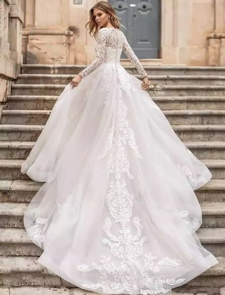 Robe de mariée princesse en tulle ivoire à manches longues, ligne A, magnifiques robes de mariée en dentelle, col rond, robes de mariée modestes de chapelle de Dubaï, sur mesure