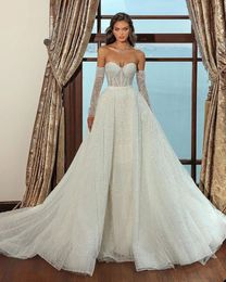 Marfim vestidos de casamento branco vestidos de noiva personalizado zíper rendas até plus size nova linha querida tule lantejoulas formal