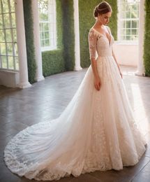 Robes de mariée ivoire robes de mariée blanches formelles une ligne col en V avec demi-manches longueur au sol balayage train appliques perlées tulle fermeture éclair personnalisée à lacets grande taille nouveau