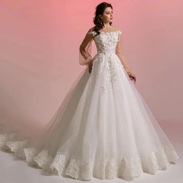 Vestidos de novia de color marfil Vestidos de novia blancos Una línea Cuello redondo Apliques de manga larga Con cuentas Apliques florales en 3D Tul Cremallera personalizada Con cordones Tallas grandes Nueva ilusión