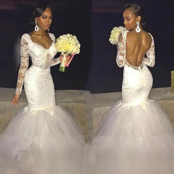 Vestidos de novia de marfil Vestidos de novia blancos Sirena Trompeta formal Manga larga Cremallera con cordones Nuevo Tallas grandes Apliques de tul sin espalda personalizados Cariño