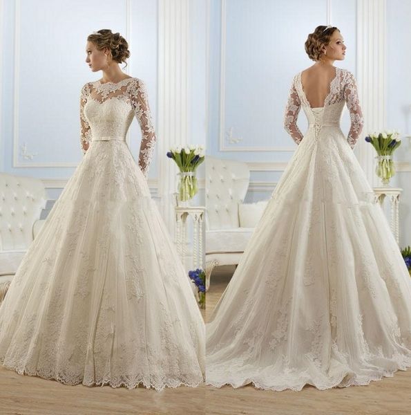 Vestido de novia de manga larga de encaje blanco marfil Ilusión Bateau Apliques Una línea Tren de corte vintage Vestidos de fiesta nupciales con cordones y marco