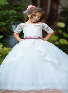 Ropa Formal para niños, vestidos de flores de encaje blanco marfil para niñas, cinturón hasta el suelo, vestido de primera comunión para niñas, vestido de princesa