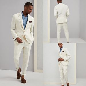 Ivoor White Pinstripe Bruidegom Tuxedos Mens Bruiloft Peaked Revers Broek Pakken Beste Mannen Jas Blazer Prom / Diner 2 stuks (jas + broek)