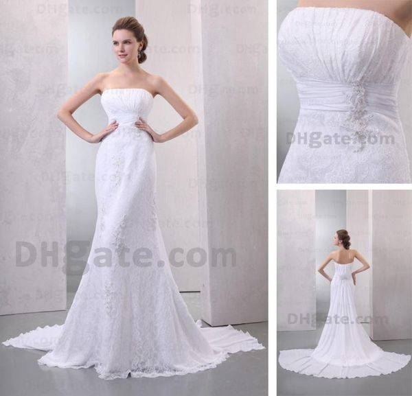 Vestidos de novia blancos marfil 2015 Vestidos de novia con cuentas de gasa de tren capilla de encaje de sirena sin tirantes Imagen real real DHYZ 026058156