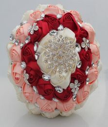 Ivory Wine Red Rose Wedding Bouquets Sweet 15 Quinceanera Bouquets Bouquet de mariée Perles de fleur artificielle Crystal Fleur Satin W21311412