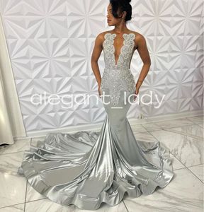 Ivy Silver Diamond Long Mermaid Prom Ceremony Party -jurken voor Black Girl 2024 Luxe kristal Eveing Birthday Gala -jurk