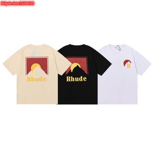 Camiseta de hombre IWFU 2023 nueva marca de moda Rhude verano belleza marea diseño sentido estampado suelto cuello redondo manga corta para hombres y mujeres