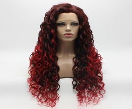 Iwona cheveux bouclés longue racine Auburn rouge Ombre perruque 18333100 moitié main liée résistant à la chaleur synthétique dentelle avant Wig2562136