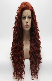 Iwona Hair lockige lange Burgunder-Perücke, 18350, halb handgebunden, hitzebeständig, synthetische Spitzefront-Perücke2670577