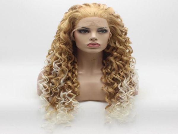 Iwona cheveux bouclés longs miel racine blonde blanc ombre perruque ombre 1827hr1001 à mi-chemin lié à la chaleur résistante à la chaleur, perruques avant en dentelle2719393