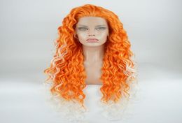 Iwona Hair Curly Long Orange Root White Ombre Wig 1832001001 Halfhandgebonden hittebestendige synthetische kant voorpruiken6868080
