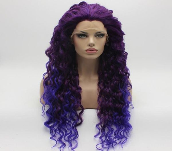 Iwona Hair Curly Long Purple Root Light Purple Ombre Peluca 1837003700L Peluca delantera de encaje sintético resistente al calor atada a media mano8209950