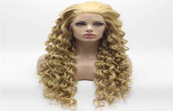 Iwona cheveux bouclés longue trois tons miel blond mélange perruque 186131627HY moitié main attachée résistant à la chaleur synthétique avant de lacet perruque5891701