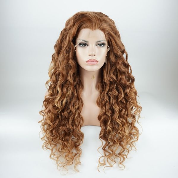 Iwona Hair Curly Long Two Tone Auburn Root Miel rubia Ombre peluca 18 # 30 / 27HR media mano atada a prueba de calor peluca sintética del frente del cordón