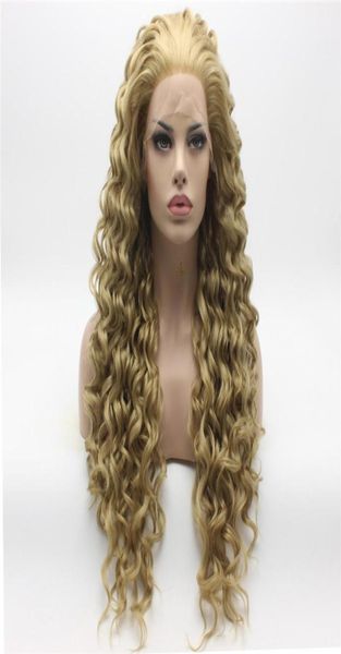 Iwona cheveux bouclés longue deux tons miel blond mélange perruque 181627HY moitié main attachée résistant à la chaleur synthétique dentelle avant perruque 7906587