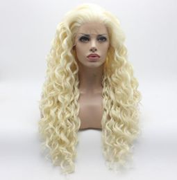 Iwona cheveux bouclés longue lumière blanche blonde mélange perruque 181001613 moitié main attachée résistant à la chaleur synthétique avant de lacet Wig9216751