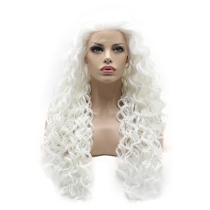 Iwona Hair Curly Long White Wig 18#1001 Halfhandgebonden hittebestendige synthetische kant -voorpruiken