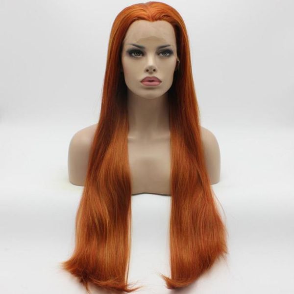 Iwona cheveux raides Extra longue Blonde rouge mélange perruque 221443100 moitié main attachée résistant à la chaleur synthétique dentelle avant Wigs6943838