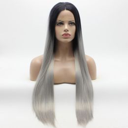 Iwona Cheveux droits extra longue racine foncée gris gris perruque 2210906 à mi-chemin lié à la chaleur résistante à la chaleur, perruques avant en dentelle6961305
