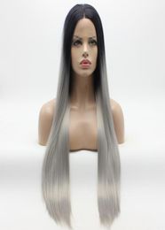 Iwona cheveux raides Extra longue racine foncée gris Ombre perruque 2210906 moitié main liée résistant à la chaleur synthétique dentelle avant Wigs4232866