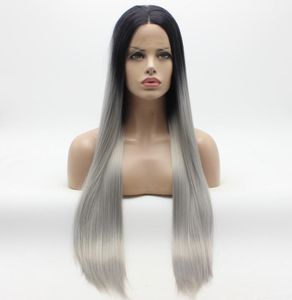 Iwona cheveux raides Extra longue racine foncée gris Ombre perruque 2210906 moitié main liée résistant à la chaleur synthétique dentelle avant Wigs7126417