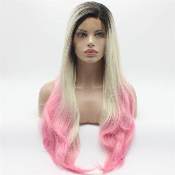 Iwona Hair Straight Extra Long Dark Root Light Blonde Pink Ombre Peluca 22 # 1/60 / 3100B Media mano atada a prueba de calor pelucas sintéticas del frente del cordón