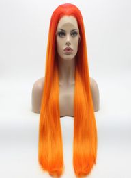 Iwona cheveux raides Extra longue racine orange doré Ombre perruque 2232002316 moitié main attachée résistant à la chaleur synthétique avant de lacet perruques9080319