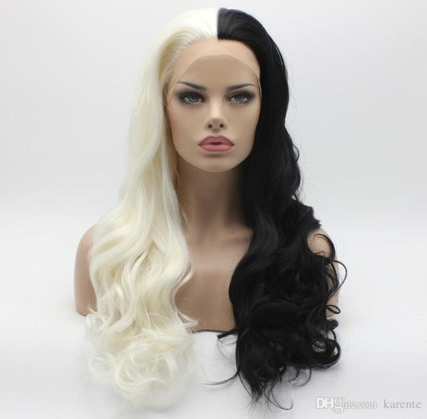 Iwona cheveux ondulés longue moitié blanc moitié Blace mélange perruque 711001 moitié main attachée résistant à la chaleur synthétique dentelle avant Wig4353669