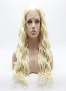 Iwona Hair Wavy Long White Light Blonde Blonde Mélange 61001613 Halfe Hand Tied High Density Synthetic Lace Front Wig6785128